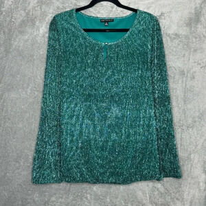 Sara Michelle XL Shirt Top Green Solid Long Sleeve Keyhole Scoop Neck Glitter
